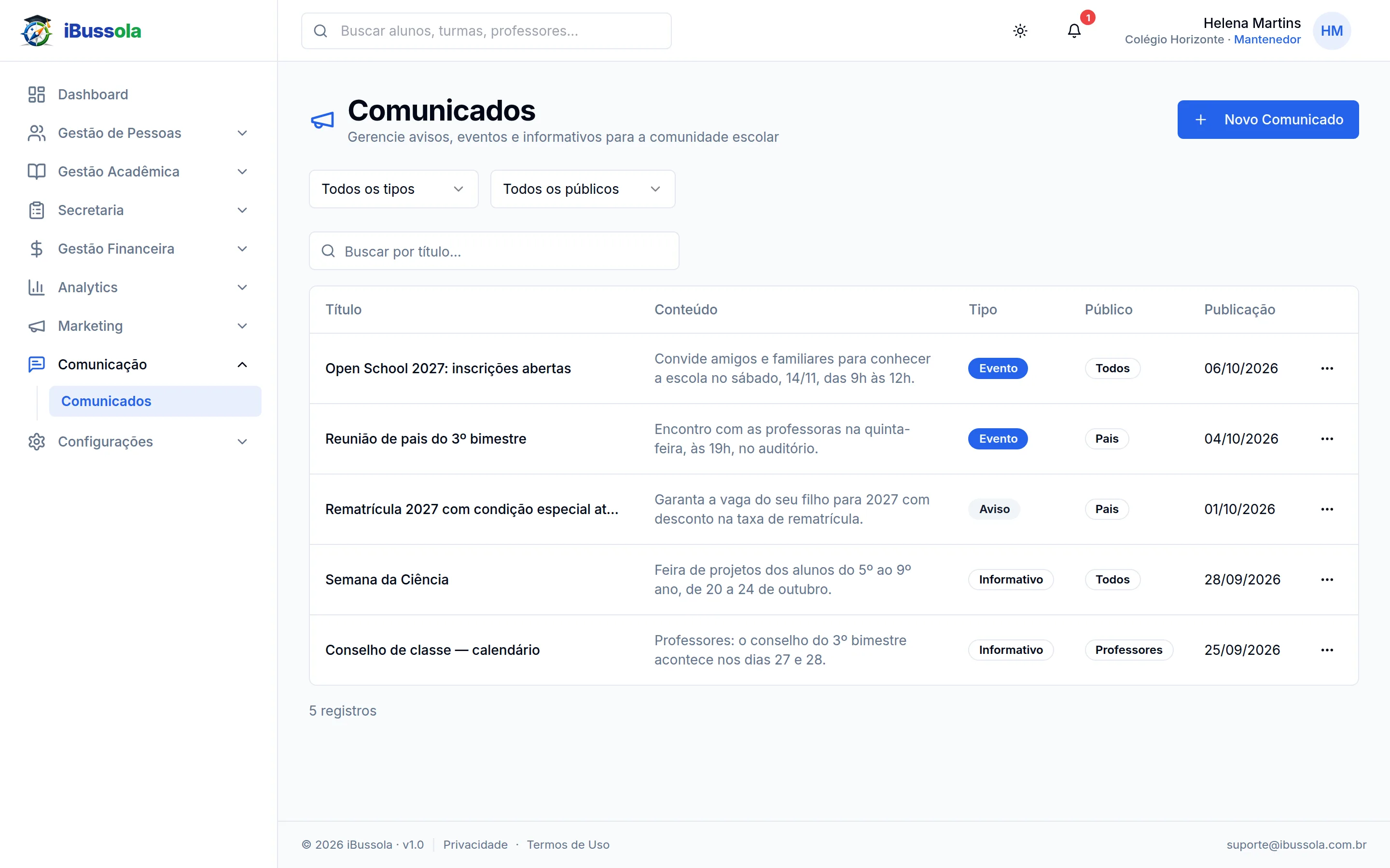 Lista de comunicados da escola