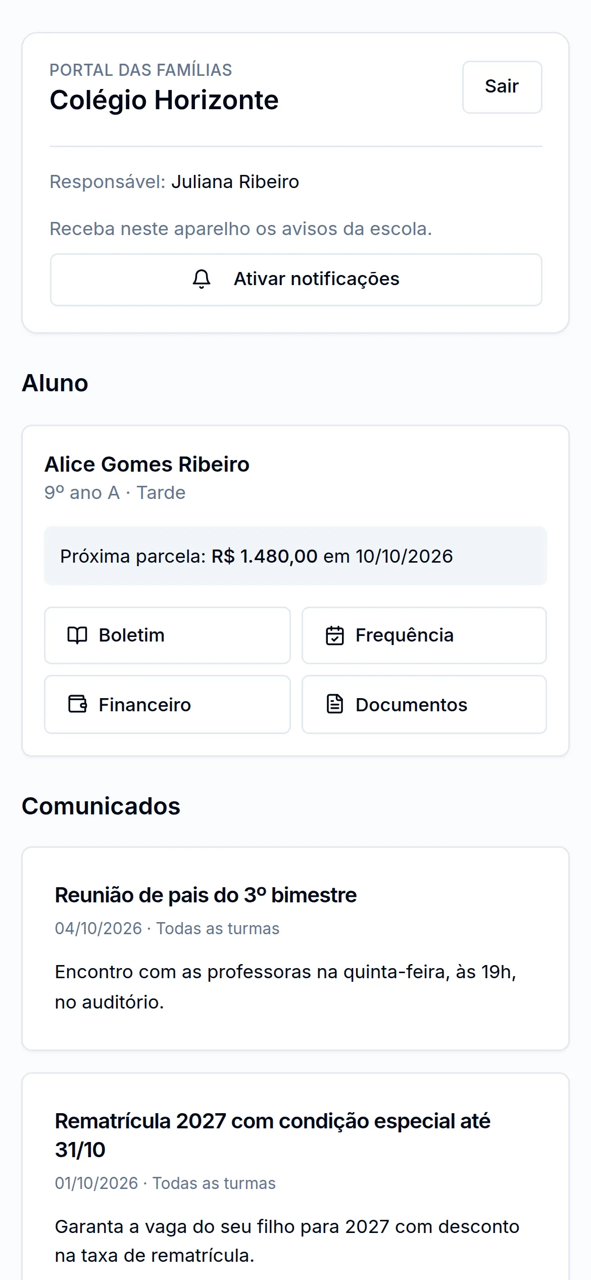 App da família no celular com o aluno, a próxima parcela e os comunicados